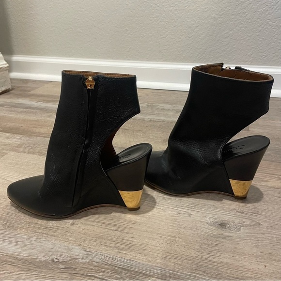 Chloe Open Back Wedge Boot in Black Leather with Gold Accents - Picture 1 of 6